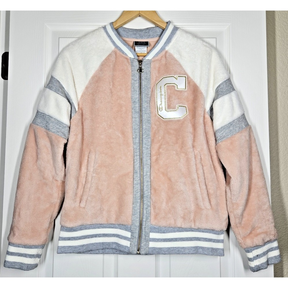 Champion Y2K Super‎ Fleece Faux Fur Fuzzy Varsity Bomber Jacket M Full Zip Cozy